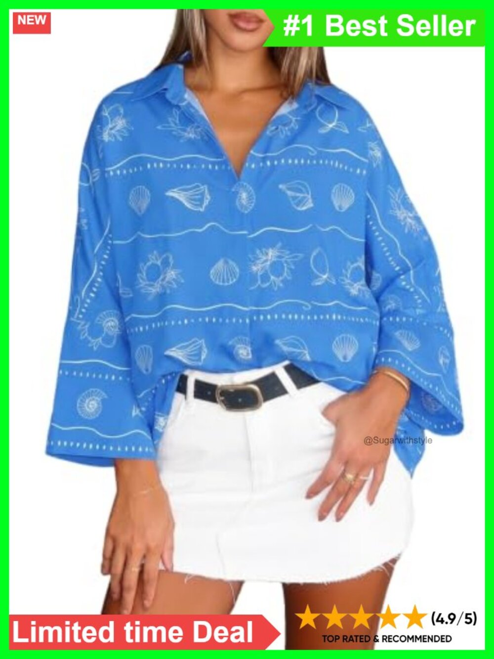 Women's Button Down Shirt 3/4 Sleeve Loose Fit Collared Work Blouse Top